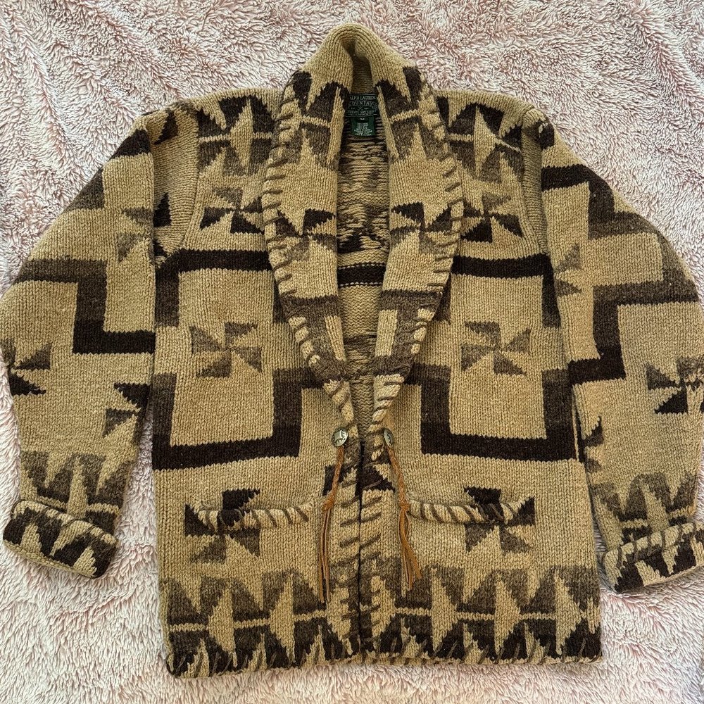 Vintage Ralph Lauren Country Shawl Cardigan Native Manji Pattern  RARE FIND